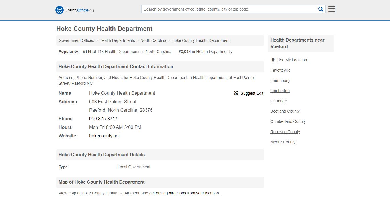 Hoke County Health Department - Raeford, NC (Address, Phone, and Hours)